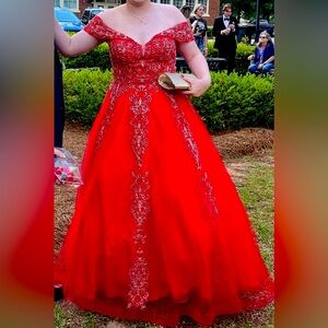 Red full length gown with corset style bodice with sequins!